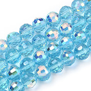 Transparent Electroplate Glass Beads Strands, Faceted, Half AB Color Plated, Round, Turquoise, 8x7~7.5mm, Hole: 1.0mm, about 70~71 pcs/strand, 20.20~21.85 inch(51.3~55.5cm)(EGLA-N012-001-B12)