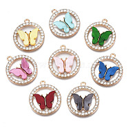 Alloy Rhinestone Pendants, with Acrylic, Cadmium Free & Lead Free, Ring with Butterfly, Light Gold, Mixed Color, 24.5x22x3.5mm, Hole: 1.6mm(PALLOY-S183-001-RS)