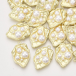 Alloy Pendants, with ABS Plastic Imitation Pearl, Leaf, Light Gold, 29.5x20x9mm, Hole: 1.8mm(X-PALLOY-S121-191)