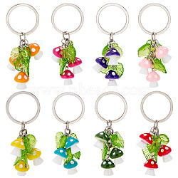 Resin Mushroom & Plastic Leaf Pendant Keychain, with Iron Key Rings, for Car Key Bag Decoration, Mixed Color, 7.2cm, 8 color, 1pc/color, 8pcs/box(KEYC-AB00040)