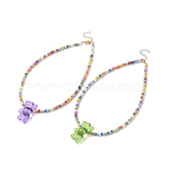 Acrylic Bear & Glass Seed Beaded Necklace for Women, Mixed Color, 15.28 inch(38.8cm)(NJEW-JN03930)
