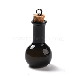 Glass Pendants, with Wood Bottle Stopper and Platinum Alloy Loops, Bulb Shaped, Black, 34x18mm, Hole: 2mm(GLAA-P053-01A-07)