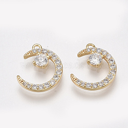 Brass Micro Pave Cubic Zirconia Charms, Nickel Free, Real 18K Gold Plated, Moon, Clear, 12.5x10.5x2mm, Hole: 1mm(X-KK-T038-507A)