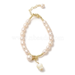 Natural Shell Flower Charm Bracelet, with Pearl Beaded, Real 14K Gold Plated, 6-3/4 inch(17cm)(BJEW-C051-51G)
