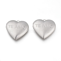 Valentine's Day 304 Stainless Steel Locket Pendants, Photo Frame Charms for Necklaces, Heart with TE AMO, Stainless Steel Color, Tray: 19X21.5mm, 29x29x6.5mm, Hole: 2mm(STAS-K192-18P)