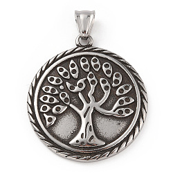 304 Stainless Steel Pendants, with 201 Stainless Steel Snap on Bails, Flat Round with Tree Charms, Antique Silver, 42.5x38x4mm, Hole: 8.5x5mm(STAS-A083-21AS)