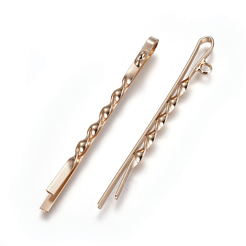Iron Hair Bobby Pin Findings, with Loop, Light Gold, 55.5x2x3~6mm, Hole: 2mm