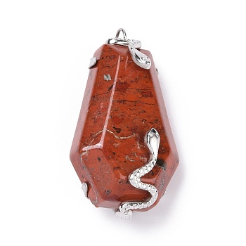 Natural Red Jasper Pendants, with Stainless Steel Color Plated 304 Stainless Steel Snake Findings, Hexagon, 37x20x12.5mm, Hole: 3.5mm
