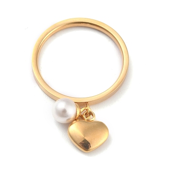 Dual-use Items, 304 Stainless Steel Finger Rings or Pendants, with Plastic Round Beads, Heart, White, Golden, US Size 7(17.3mm)