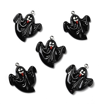 Halloween Opaque Resin Pendants, with Platinum Tone Iron Loops, Ghost, Black, 33.5x30x4.5mm, Hole: 2mm