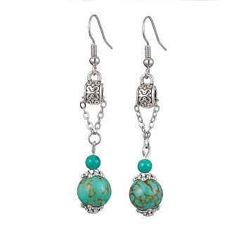 Synthetic GreenTurquoise Dangle Earrings, 304 Stainless Steel Long Drop Earrings, 60x10mm
