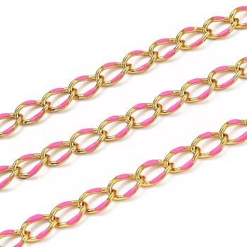 Brass Curb Chains, with Enamel, Spool, Long-Lasting Plated, Soldered, Golden, Deep Pink, Link: 10.3x7x1.25mm