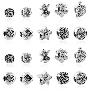 60Pcs 10 Styles Tibetan Style Alloy European Beads, Large Hole Beads, Clover/Flower/Leaf, Antique Silver, 8~14.5x7~12.5x7~9mm, Hole: 4.5mm, 6pcs/style