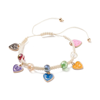 Round Glass Braided Bead Bracelet, Alloy Enamel Heart with Smiling Face Charm Bracelet for Women, Colorful, Inner Diameter: 1-3/4~3-7/8 inch(4.6~9.85cm)