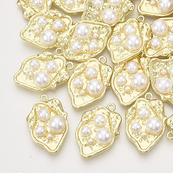 Alloy Pendants, with ABS Plastic Imitation Pearl, Leaf, Light Gold, 29.5x20x9mm, Hole: 1.8mm