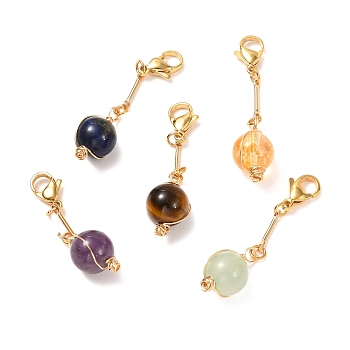 Natural Mixed Gemstone Round Pendants, with 304 Stainless Steel Lobster Claw Clasps, Open Jump Rings and Brass Bar Link, 44mm