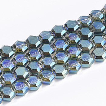 Electroplate Glass Beads Strands, Faceted, Hexagon, Medium Turquoise, 5x6x4mm, Hole: 1mm, about 100pcs/strand, 20.4 inch