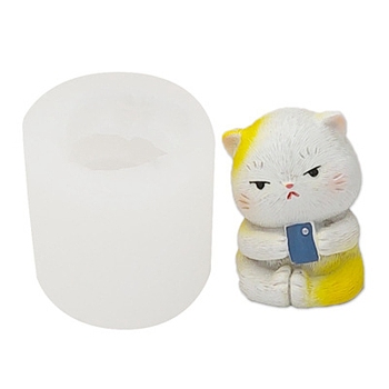 Cat with Phone Food Grade Silicone Molds, Fondant Molds, Resin Casting Molds, for Chocolate, Candy, UV Resin & Epoxy Resin Decoration Making, Random Single Color or Random Mixed Color, 44x56mm, Inner Diameter: 32x35mm