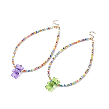 Acrylic Bear & Glass Seed Beaded Necklace for Women, Mixed Color, 15.28 inch(38.8cm)