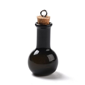 Glass Pendants, with Wood Bottle Stopper and Platinum Alloy Loops, Bulb Shaped, Black, 34x18mm, Hole: 2mm