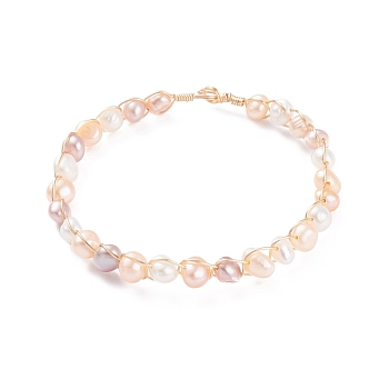 Natural Cultured Freshwater Pearl Beaded Bracelets for Women, Copper Wire Wrapped Bead Bracelets, Colorful, Inner Diameter: 2-1/8~2-1/4 inch (5.45~5.7cm)