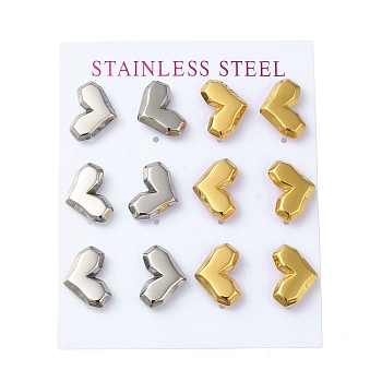 PVD Vacuum Plating 304 Stainless Steel Stud Earring, Heart, Golden & Stainless Steel Color, 13x11.5mm, 12pcs/set