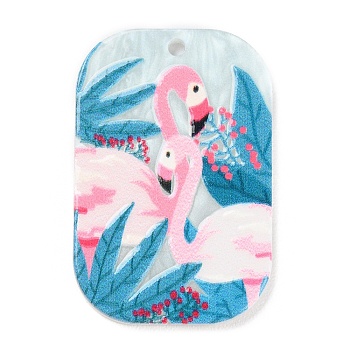 Acrylic Pendants, Rectangle with Flamingo Pattern, Pink, 39.5x26x2.5mm, Hole: 2mm