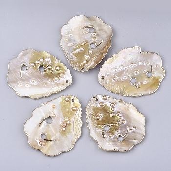 Electroplate Keshi Shell Pearl Big Pendants, Leaf, Light Gold, 64~65x51.5~53x3~5mm, Hole: 2mm