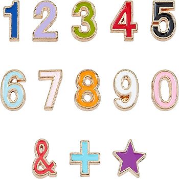 SUPERFINDINGS Alloy Enamel Beads, Number 0~9 and Star and Plus Sign and Ampersand &, Cadmium Free & Lead Free, Light Gold, Mixed Color, 13pcs/set, 4set/box