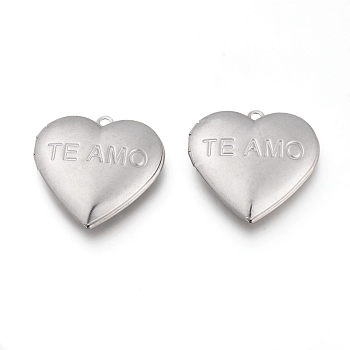 Valentine's Day 304 Stainless Steel Locket Pendants, Photo Frame Charms for Necklaces, Heart with TE AMO, Stainless Steel Color, Tray: 19X21.5mm, 29x29x6.5mm, Hole: 2mm