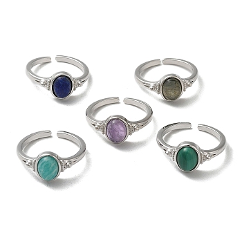 Natural Mixed Gemstone Oval Open Cuff Rings, Platinum Brass Finger Ring, Cadmium Free & Lead Free, US Size 7(17.3mm)