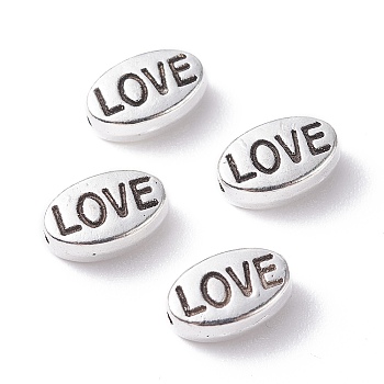 Tibetan Style Alloy Beads, Oval with Word LOVE, for Valentine's Day, Antique Silver, 6x9.5x4mm, Hole: 1mm, about 300pcs/300g