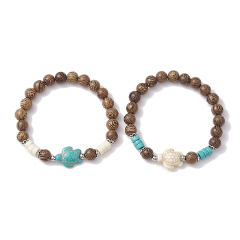 2Pcs 2 Colors Beach Tortoise Synthetic Turquoise Bracelets, 8mm Wenge Wood Round Beaded Stackable Stretch Bracelets for Women, Mixed Color, Inner Diameter: 2 inch(5.2cm), 1pc/color
