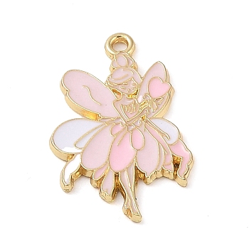 Golden Plated Alloy Eanaml Pendants, Fairy Charm, Pink, 20x19.5x1.5mm, Hole: 2mm