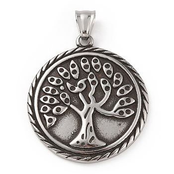 304 Stainless Steel Pendants, with 201 Stainless Steel Snap on Bails, Flat Round with Tree Charms, Antique Silver, 42.5x38x4mm, Hole: 8.5x5mm