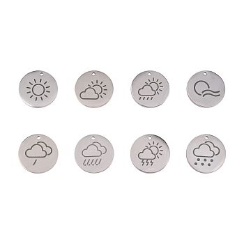 8Pcs 8 Styles 304 Stainless Steel Weather Pendants, Laser Cut, Flat Round, Stainless Steel Color, 20mm, 1pc/style