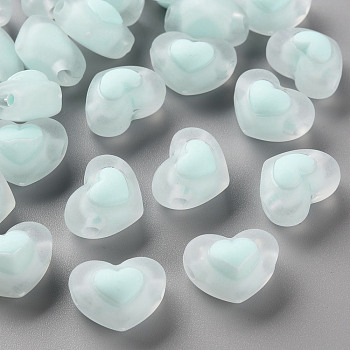Transparent Acrylic Beads, Frosted, Bead in Bead, Heart, Light Blue, 13x17x9.5mm, Hole: 2.5mm