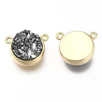 Druzy Resin Charms, with Brass Finding, Flat Round, Golden, Silver, 14x11.6x4~4.5mm, Hole: 1.5mm