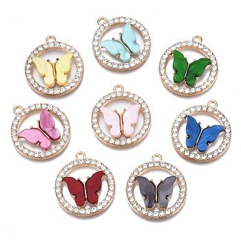 Alloy Rhinestone Pendants, with Acrylic, Cadmium Free & Lead Free, Ring with Butterfly, Light Gold, Mixed Color, 24.5x22x3.5mm, Hole: 1.6mm