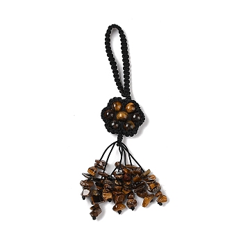 Flower Natural Tiger Eye Braided Thread Pendant Decorations, Gemstone Chip Tassel Hanging Ornaments, 140~150mm