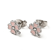 Enamel Clover with Crystal Rhinestone Stud Earrings with 316 Surgical Stainless Steel Pins, Stainless Steel Color Plated 304 Stainless Steel Jewelry for Women, Pink, 8.5x7mm, Pin: 0.8mm(EJEW-A081-12P-01)