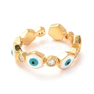 Evil Eye Golden Enamel Cuff Rings for Women, Brass Micro Pave Clear Cubic Zirconia Open Rings, Cyan, US Size 6(16.5mm), 6mm(KK-G404-06B-G)