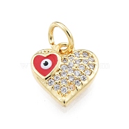 Brass Micro Pave Clear Cubic Zirconia Charms, with Enamel and Jump Rings, Golden, Heart with Evil Eye, Red, 10x10x2.5mm, Hole: 3mm(KK-I691-03C)