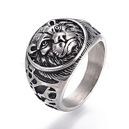 304 Stainless Steel Signet Rings for Men, Wide Band Finger Rings, Flat Round with Lion, Antique Silver, Size 7~12, 17~22mm(RJEW-O032-11AS)