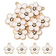 Alloy Enamel Pendants, Golden, Flower with Smiling Face Charm, White, 15x14x2mm, Hole: 1.4mm(ENAM-YW0002-25A)