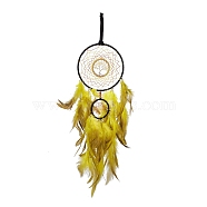 Iron Woven Web/Net with Feather Pendant Decorations, with Plastic & Citrine Chip Beads, Velvet Strip, Covered with Leather & Brass Cord, Flat Round with Tree of Life, Yellow, 610mm(AJEW-B017-19)