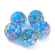 Round Lampwork Beads, Plum Flower Petal Pattern, with Hole, Deep Sky Blue, 12mm, Hole: 1.8mm(LAMP-H059-A10)