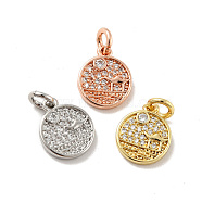 Flat Round with Pavilion Brass Micro Pave Clear Cubic Zirconia Charms, with Jump Rings, Cadmium Free & Lead Free, Mixed Color, 12x10x1.8mm, Hole: 2.8mm(KK-G425-19)