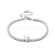 Clear Cubic Zirconia Tennis Bracelet with Heart, Brass Square Link Chain Bracelet for Women, Platinum, 7-3/8 inch(18.8cm)(BJEW-E015-03P)