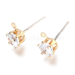Brass Micro Pave Clear Cubic Zirconia Stud Earring Findings, with 925 Sterling Silver Pins and Loop, Long-Lasting Plated, Real 14K Gold Plated, 15.5x5.7x7mm, Hole: 0.9mm, Pin: 0.7mm(ZIRC-H116-06A-G)